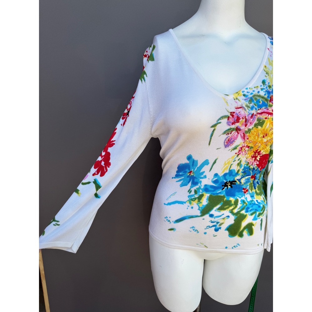 My Favorite Things Colleen Lopez Floral Sweater Top Small White Sequin Bead - Picture 4 of 14